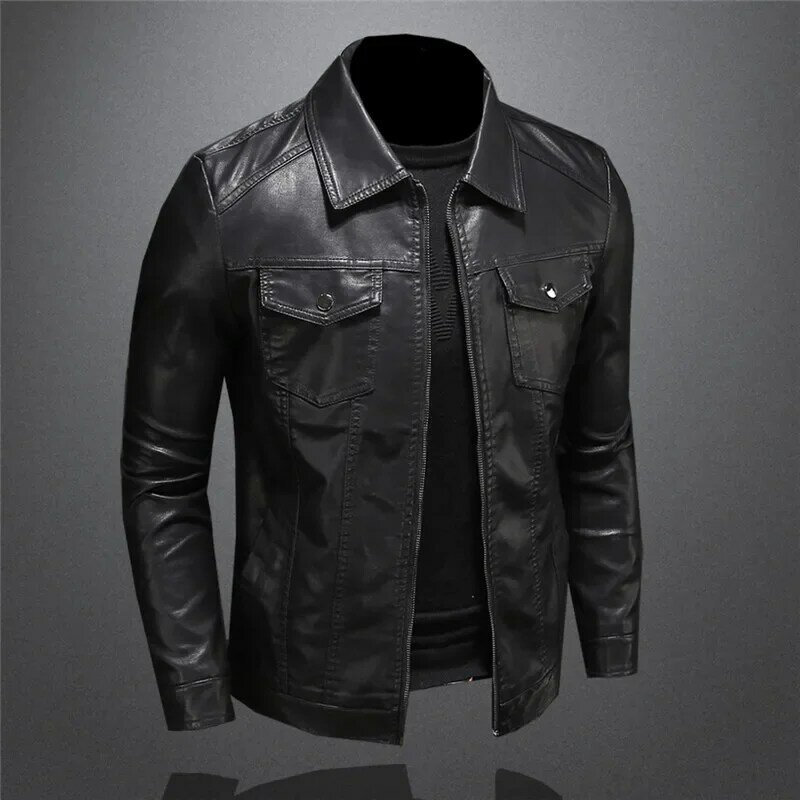 Jaket kulit motor pria, Mantel Pu pas badan ritsleting hitam saku ukuran besar musim semi dan musim gugur M-5Xl