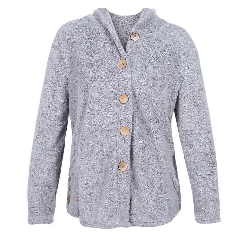 Womens Coat Oversize Size Button Plush Tops Hooded Loose Cardigan Outwear Winter Jacket,Gray XL