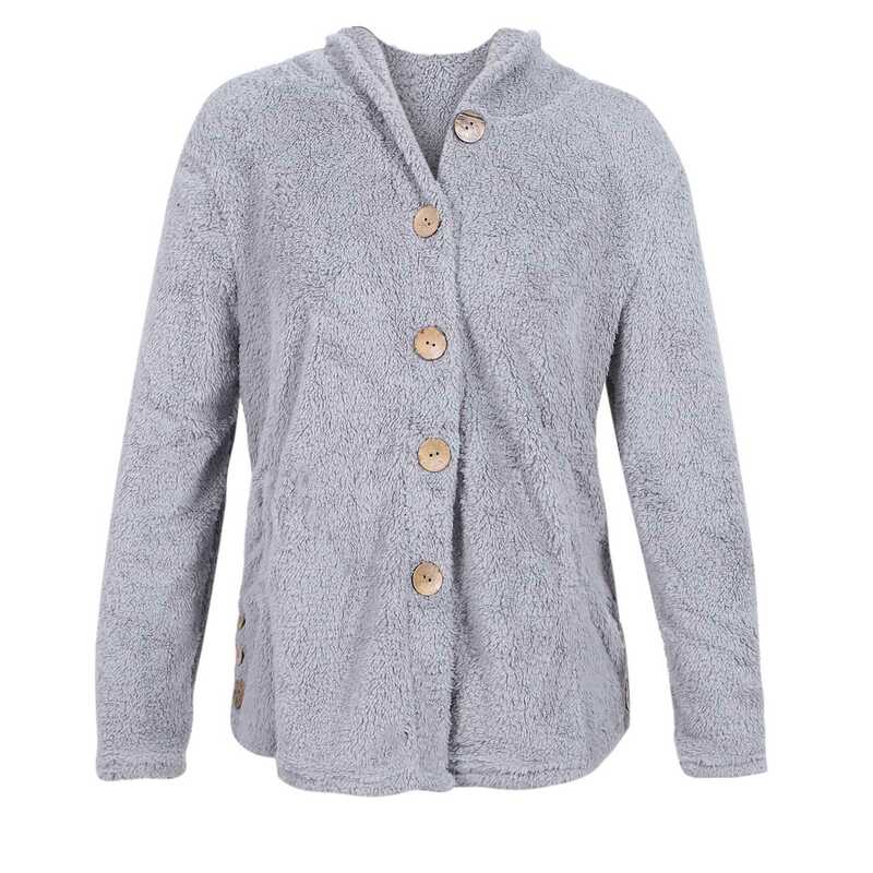 Płaszcz damski Oversize Size guziki pluszowe bluzki z kapturem luźny kardigan kurtka zimowa, szara XL