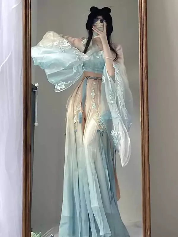 Traditionele Vintage Hanfu Cosplay Kostuum Gradiënt Blauwe Hanfu Jurk Verjaardagsfeestjurk Plus Size