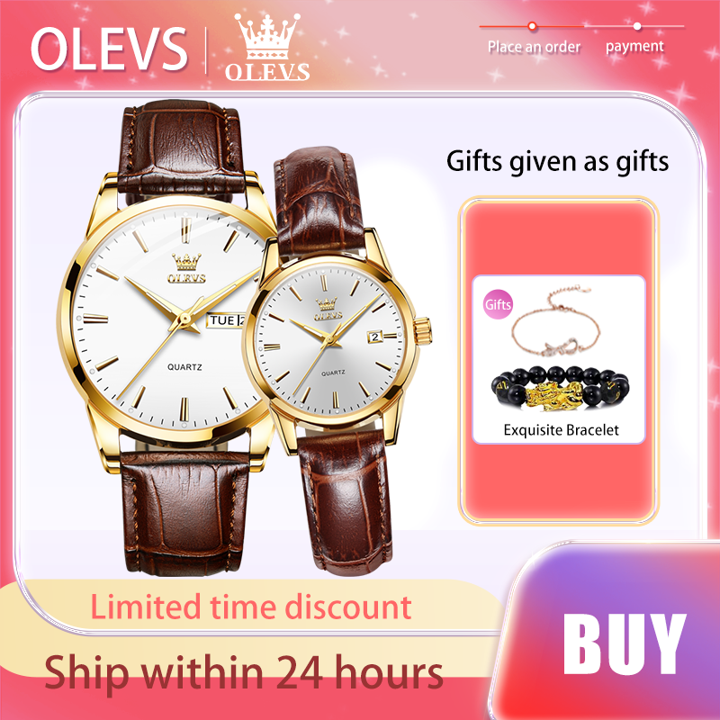 OLEVS 브랜드 커플 시계, 가죽 스트랩, 날짜 럭셔리 쿼츠 시계, 방수 로맨틱 연인 손목시계, 오리지널 야광 패션