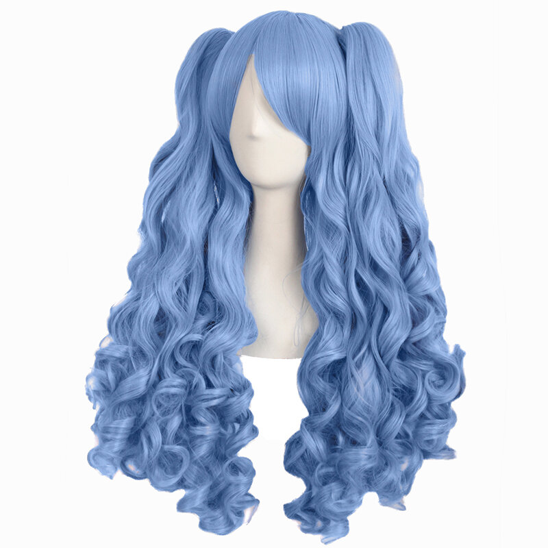 Peruca longa encaracolada Lolita feminina, peruca de aperto Anime, rabo de cavalo duplo, onda grande, azul claro, cabeça cheia