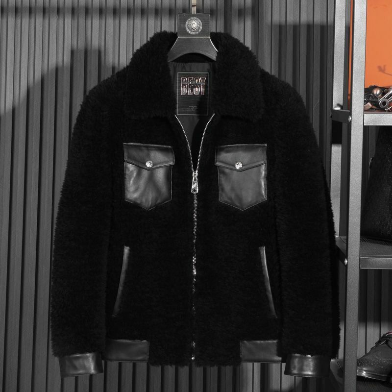 I483 mantel wol domba asli untuk pria, mantel wol domba asli baru musim gugur musim dingin 2023, jaket hangat kerah rebah untuk pria