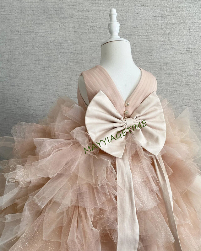 Vestido de noite rosa Puffy Tulle Flower, Mangas Chiffon, Vestidos de festa, Vestidos de casamento feminino