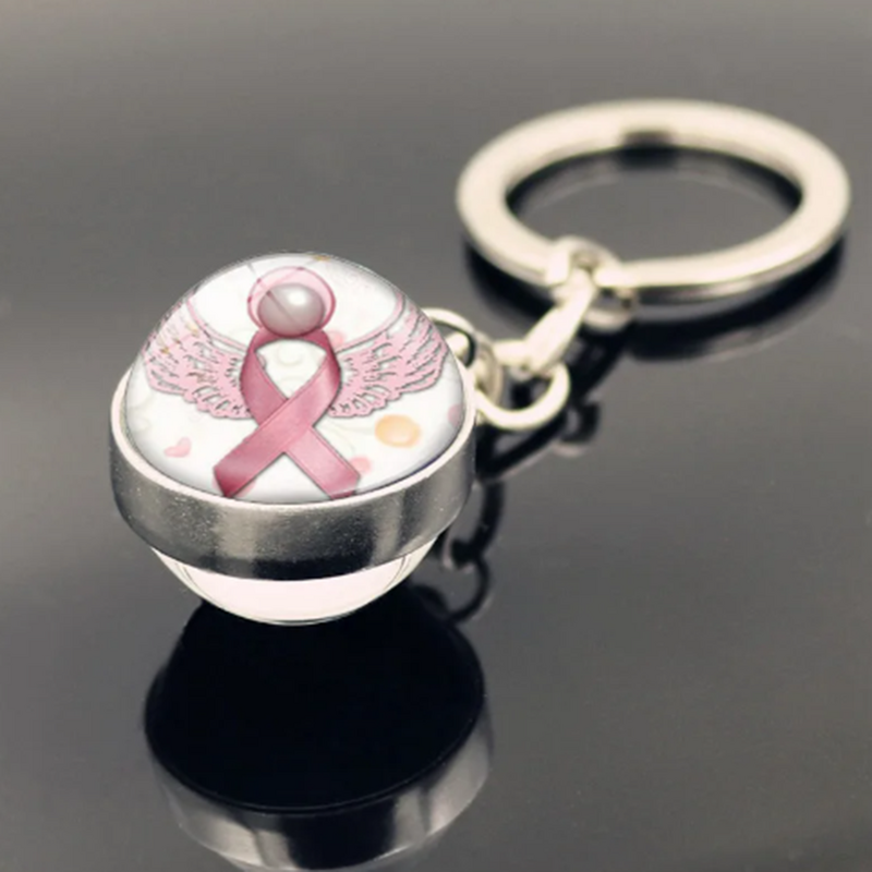 Pink Ribbon mama câncer chaveiro, dupla face vidro bola pingente, metal jóias acessórios, novo produto
