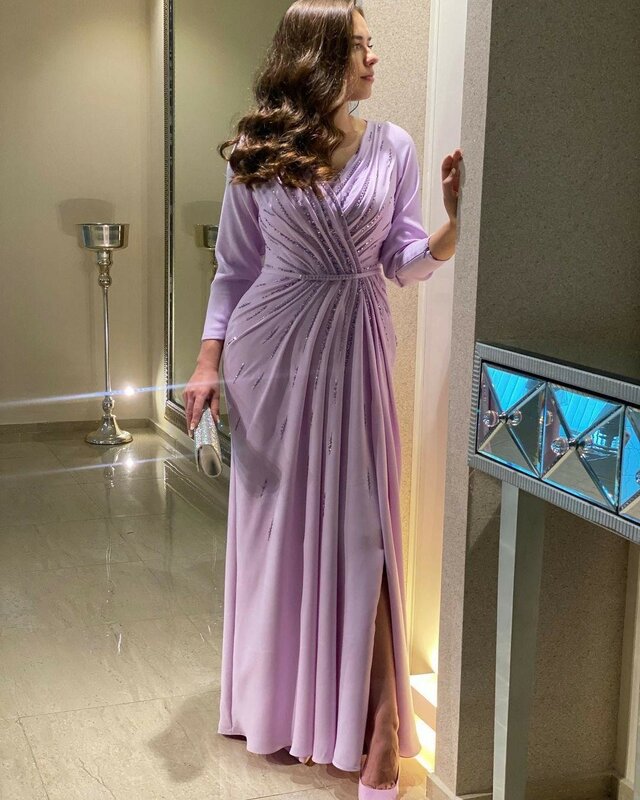 Oisslec abiti da sera per le donne elegante festa Arabia saudita scollo a V con perline maniche lunghe abiti da ballo fessura laterale ospite di nozze