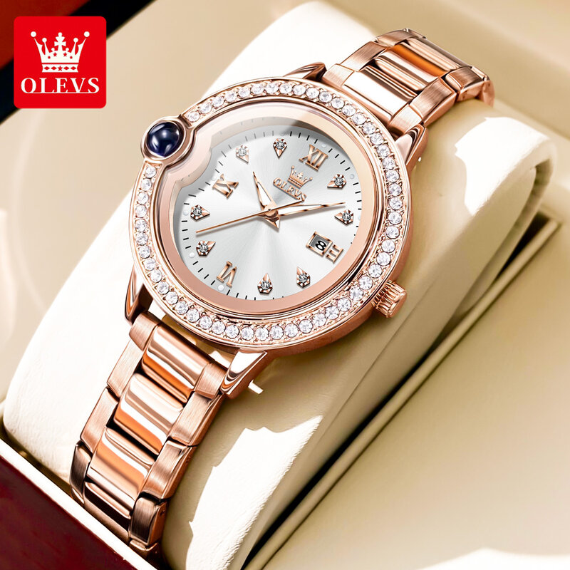 OLEVS jam tangan kuarsa berlian wanita, arloji merek mewah tali emas mawar baja tahan karat tahan air untuk wanita