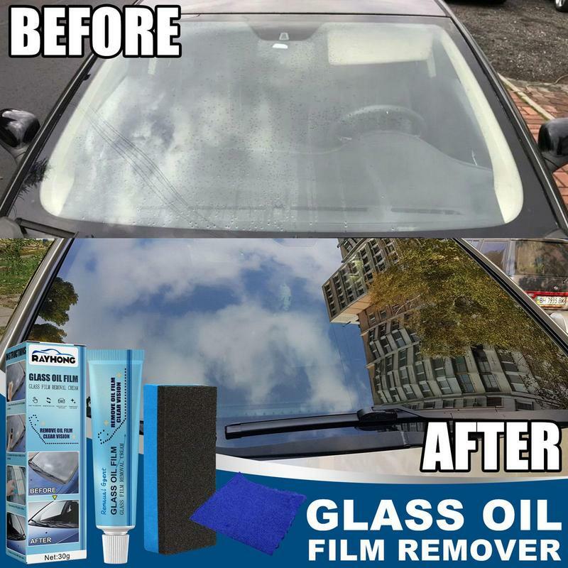 Agente de revestimiento de película de vidrio automático, pasta de pulido de 30g de limpieza de película de aceite, limpiador de ventanas con esponja y toalla, parabrisas delantero de coche