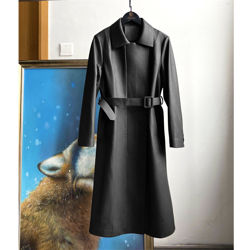 Jaket kulit penahan angin musim gugur dan musim dingin, desain sabuk gaya komuter sederhana, atasan kulit domba ramping