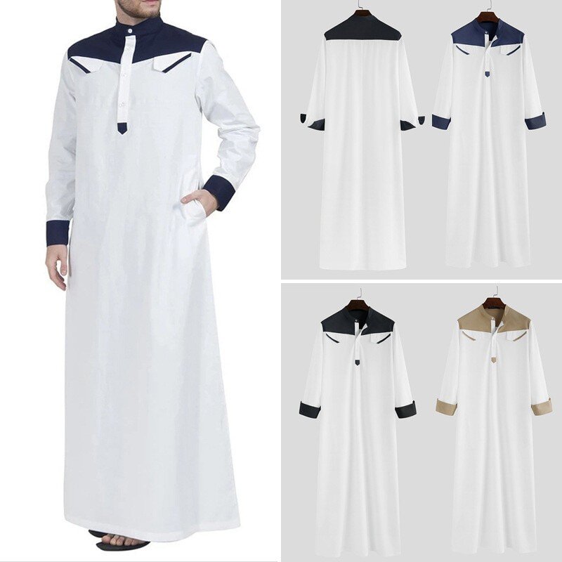 Męskie tradycyjne muzułmańska szata sukienka muzułmańska bliskowschodnie Jubba Thobe męskie ubrania z długimi rękawami i dekoltem mandarynkowym