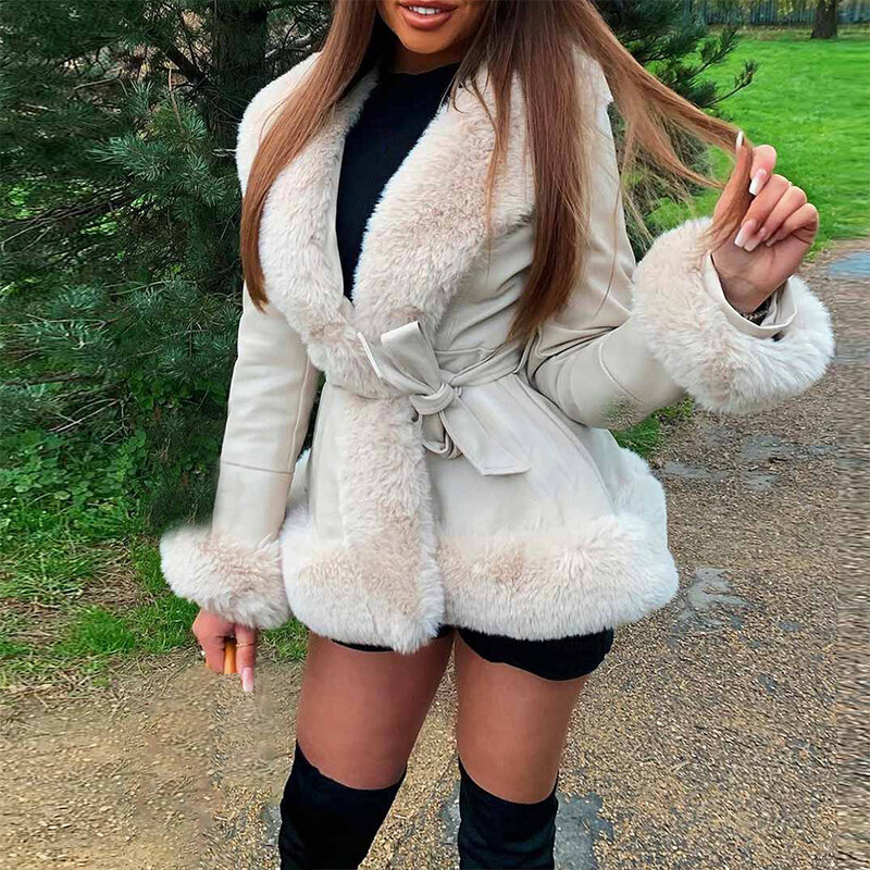 Donna donna elegante pelle PU inverno caldo collo di peluche giacca collo in pelliccia sintetica cappotto con cintura donna con pelliccia calda