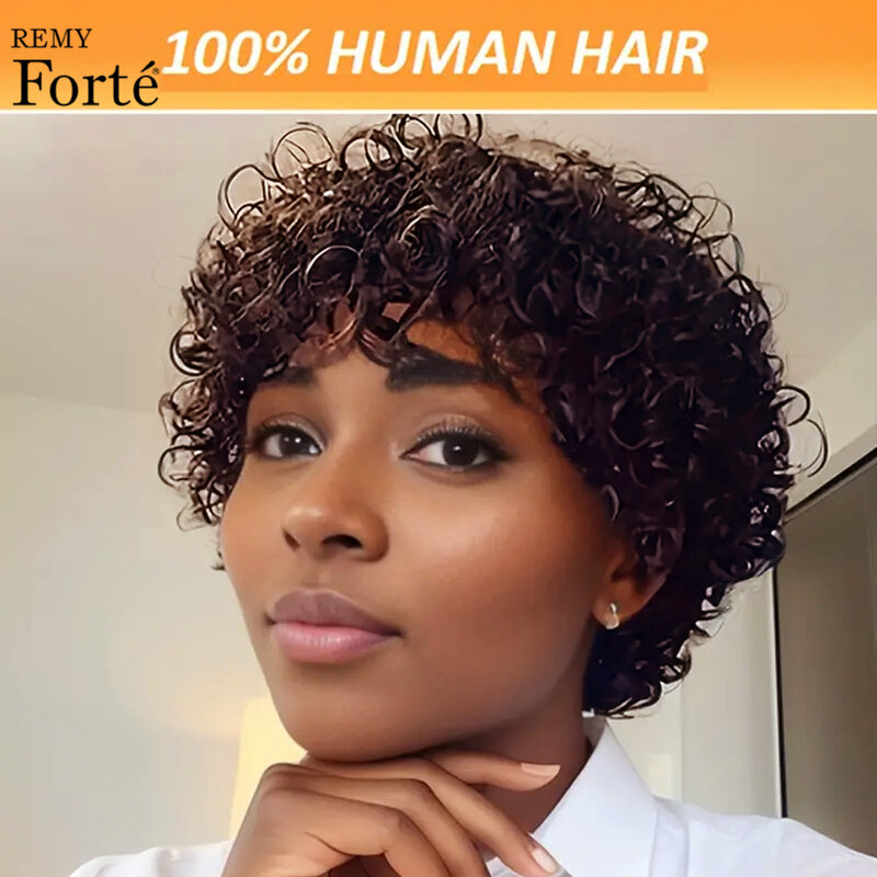 Pelucas Bob rizadas cortas para mujeres negras, marrón claro corte Pixie, cabello humano completo hecho a máquina, Afro, rizado