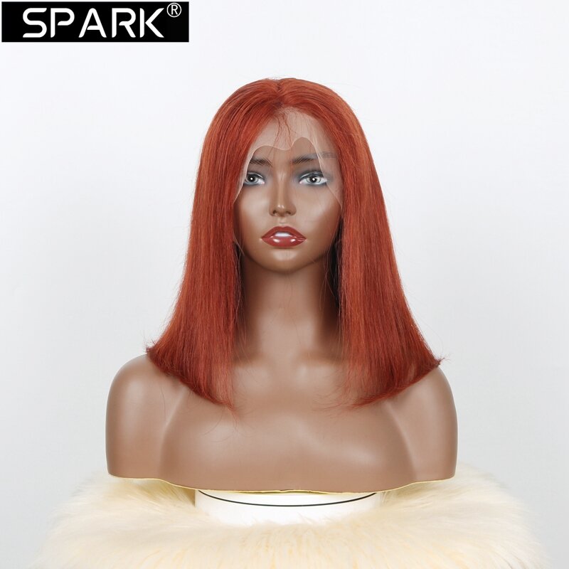 Iskra krótki Bob peruki z ludzkich włosów proste rudo brązowy 13x4 peruki typu Lace front 100% peruka z ludzkich włosów wstępnie oskubane o 180% gęstości