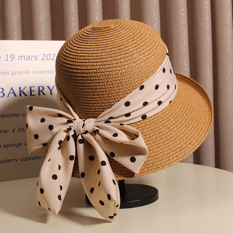 Женская шляпа в горошек с бантом, летняя модная шляпа с плоским верхом и скрученными краями, уличная шляпа для мамы, Солнцезащитная шляпа, шляпа от солнца
