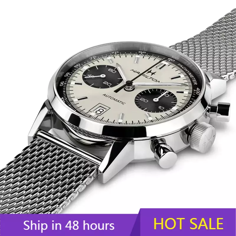 Luksusowy Hamilton męski klasyczny Ultra-cienkie, modne skórzany zegarek z wielofunkcyjnym siatka ze stali nierdzewnej chronografem