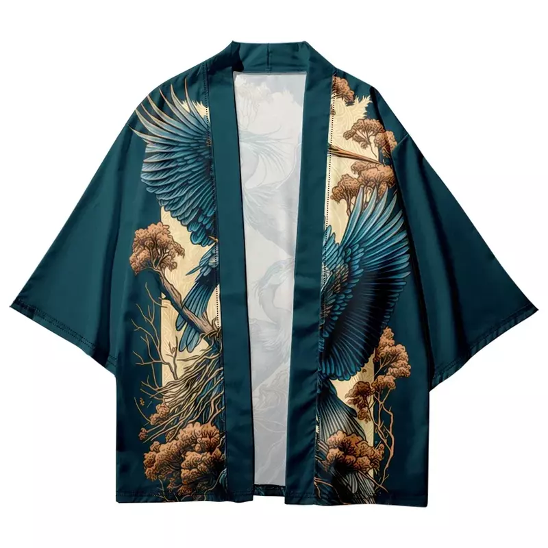日本の男性と女性のためのクレーンパターンの着物,カジュアルなカーディガン,特大,夏服,羽織,伝統的な浴衣,ビーチ,2024
