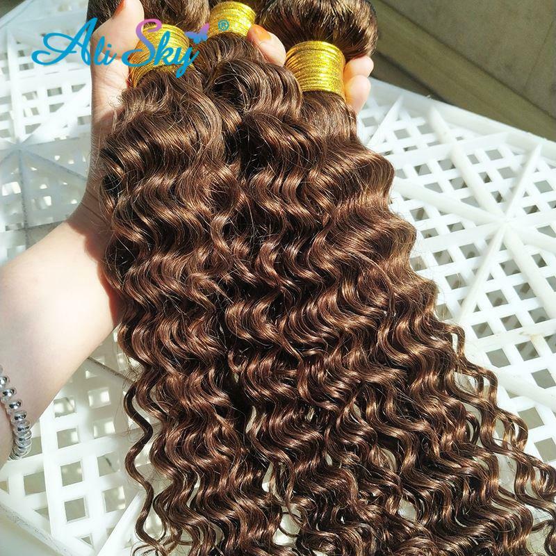 Light Brown Deep Curly #4  Human Hair Bundles With 4X4 Lace Closure 3Bundles Weave Wholesale Thick and Full Soft Curly Weave
