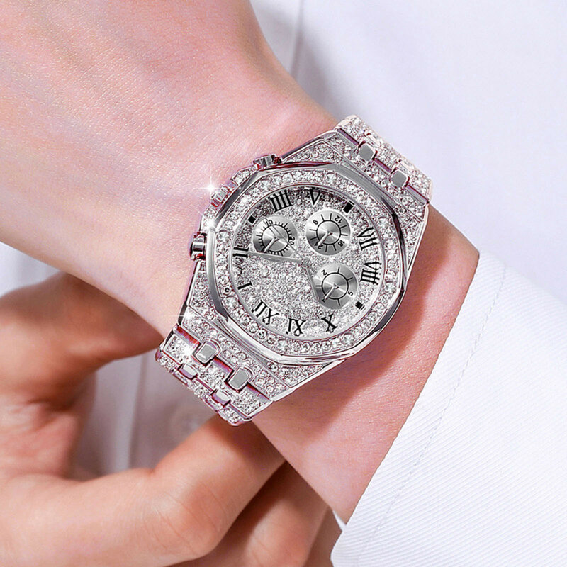 Reloj de cuarzo con diamantes de imitación para hombre y mujer, cronógrafo de cuarzo con correa de acero inoxidable, con diamantes de imitación, Unisex