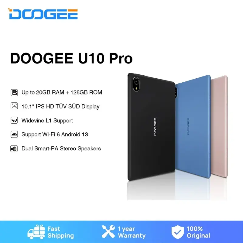 DOOGEE-U10プロタブレット、デュアルスピーカー、wdevine l1、wifi6、Android 13、10.1インチ、ips、事前認定、20GB、8GB、12 GB、128GBをサポート
