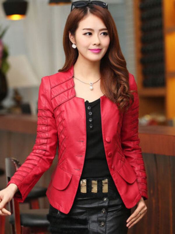 Mulheres Slim Patchwork jaqueta de couro, casaco vermelho, Moto Bikers, plus size, 4XL, Punk, outono, novo