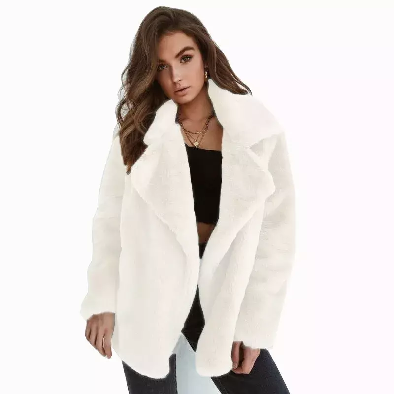 Casaco de pelúcia elegante feminino com lapela larga, casaco de pele sintética quente, outwear grosso solto, outono e inverno