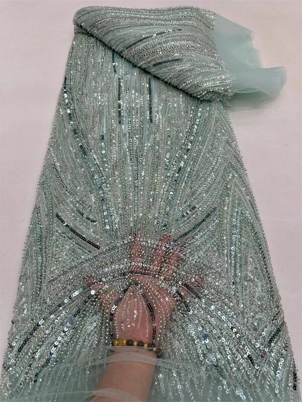 Tela de encaje africano con lentejuelas 3D de perlas de lujo, bordado de malla de alta calidad, tela de encaje con cuentas de lujo para vestido de noche de boda