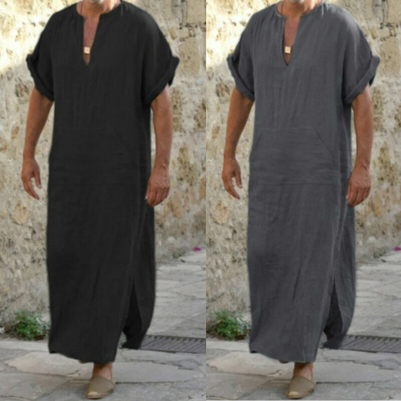 Мусульманский халат с коротким рукавом для мужчин, повседневный свободный кафтан в стиле джубба Тобе, мусульманская Арабская одежда, этнический мусульманский исламский кафтан, 4XL 5XL