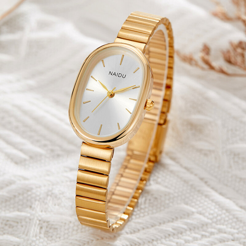 Jam tangan Oval wanita, arloji kuarsa sederhana minimalis Dial persegi wanita Jam emas hitam mahasiswa mode baru gaun Reloj
