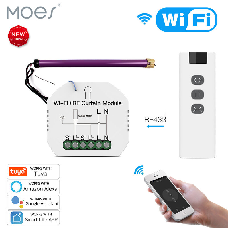 Wi-Fi付きのスマートカーテンモジュール,電気ローラーシャッター用,Tuyaモーター,ワイヤレスリモコン,Alexa,GoogleHomeで動作