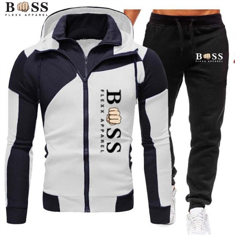 BSS FLEXX Set pakaian pria, Pullover bertudung + celana olahraga kasual Jogging 2 potong untuk