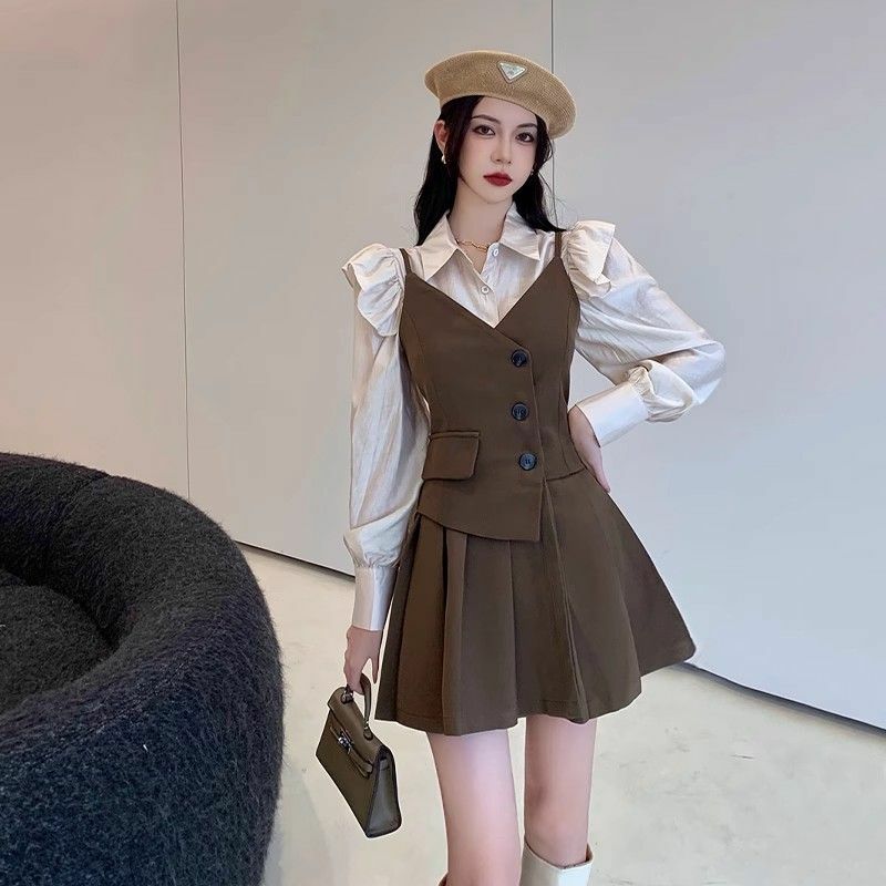 2024 primavera autunno abbigliamento donna coordinati set Englad Style Retro Button Sling Suits Mini Dress Shirts abiti a due pezzi