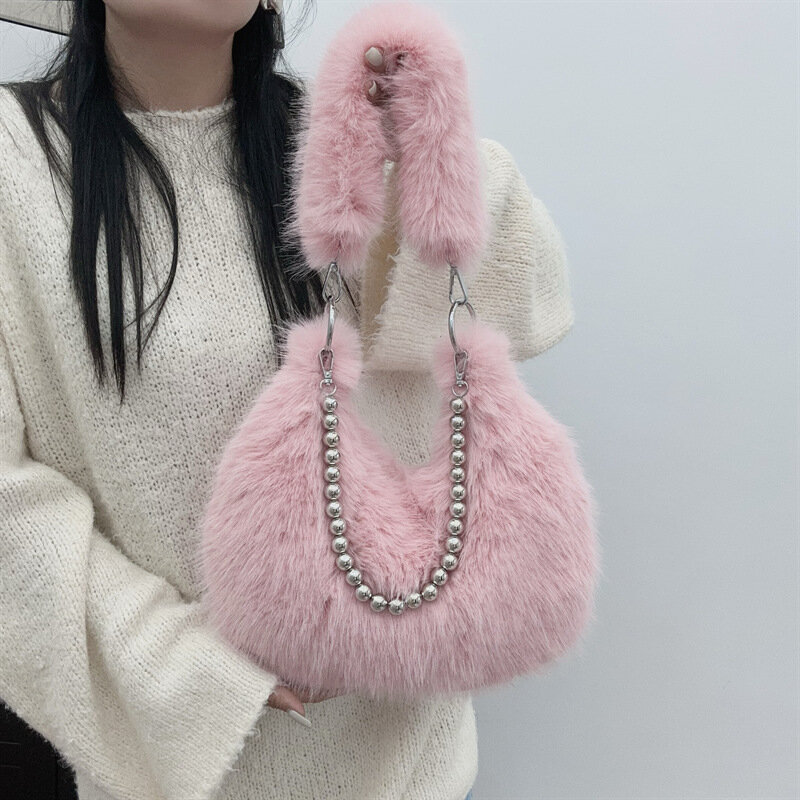 Autumn Winter Unique Design Imitation Fox Hair Underarm Bag Pearl Chain Shoulder Bag Luxury Fashion Plush Bag Ladies Hobos Bag