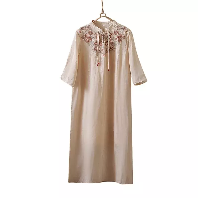 Vestidos bordados de estilo chino para mujer, ropa holgada Vintage de algodón y lino de manga corta para verano