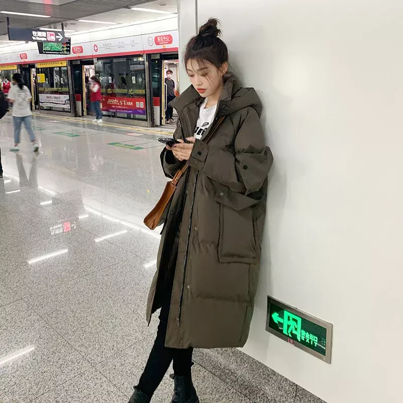 Long Parkas Women Loose Casual Zip-up Winter Down Cotton Coat Female Students Hooded  Retro Windproof  Snow Outwear R198