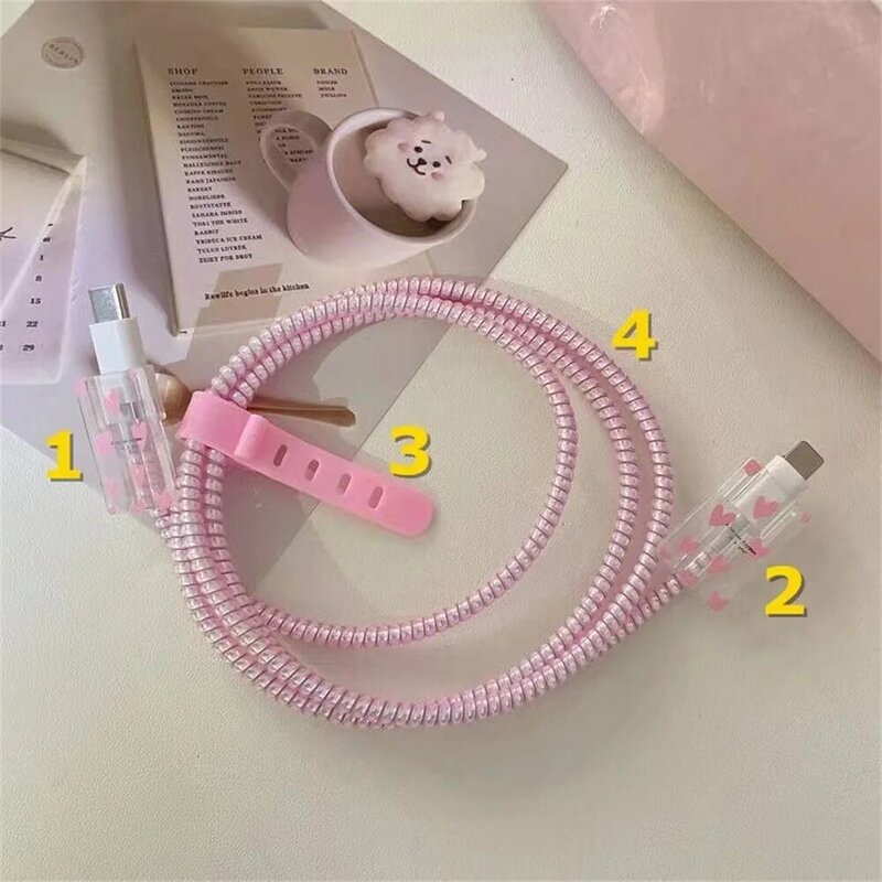 Комплект розовых защитных кабелей для iPhone 14 13Pro 11, защита для быстрой зарядки, защита USB-кабеля для передачи данных, защитный спиральный кабель