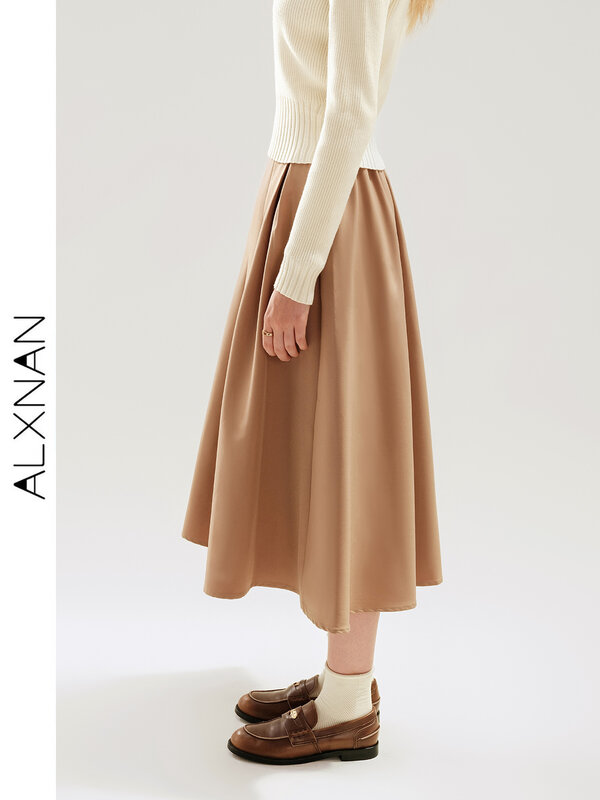 Alxnan Casual Dames Geplooide Rok 2024 Herfst Winter Nieuw In A-Lijn Hoge Taille Slim Fit Midi Rok Dames Kleding Tm00505