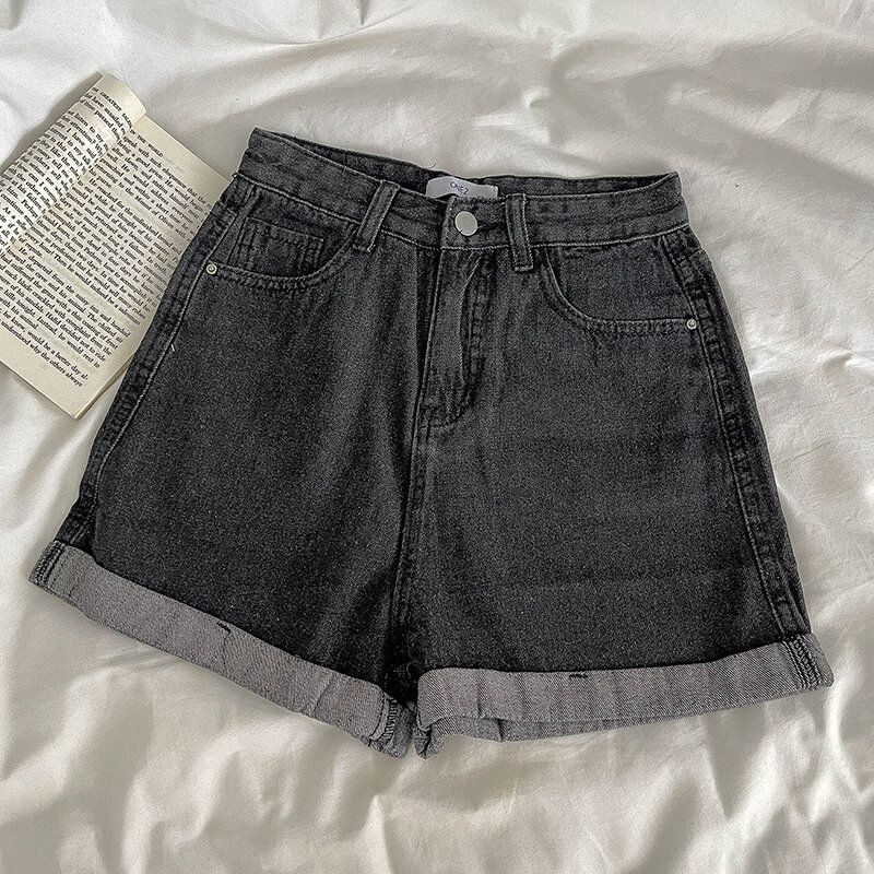 Shorts jeans estilo simples feminino, cintura alta, borda ondulada, calça curta macia, roupas femininas de verão, versátil, sólido