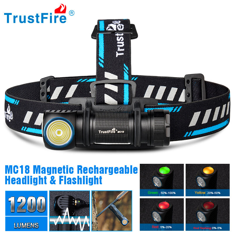 Trustfire Mc18 Headlamp Led Xp-Lhi 18650 Magnetic 2a Usb Rechargeable Head Lamp 1200lm Flashlight Headlight Magnet Tail Cap