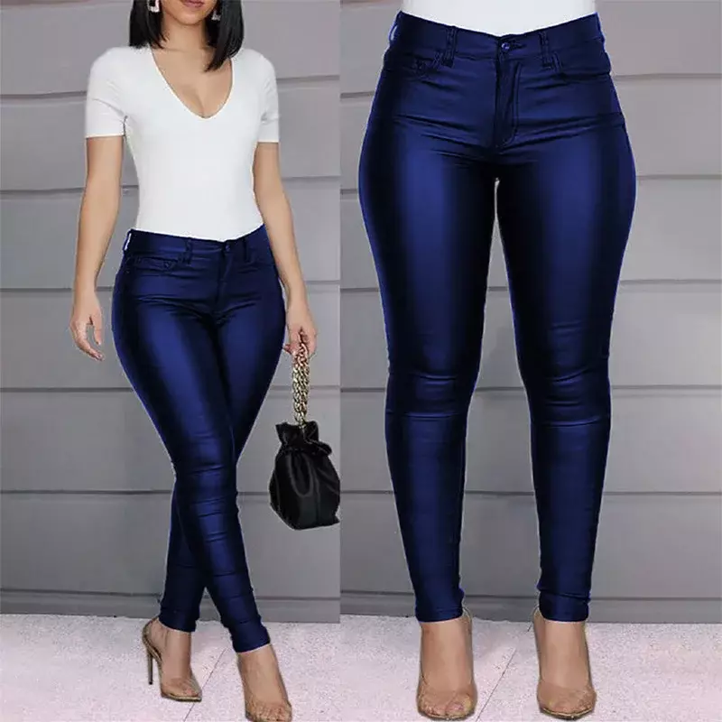 2024 Spliced Women's New jeans Fashion Solid Color PU Leather Pants Sexy Feet Pants Casual Pants women  YBF2-3