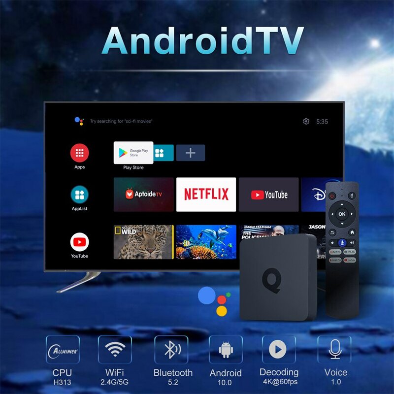 Q1 ATV Box cerdas Android 10 Allwinner, Set Top Box Android 10 RAM 2GB ROM 16GB Dual 2G 5G Wifi BT5.2 4K pemutar Media