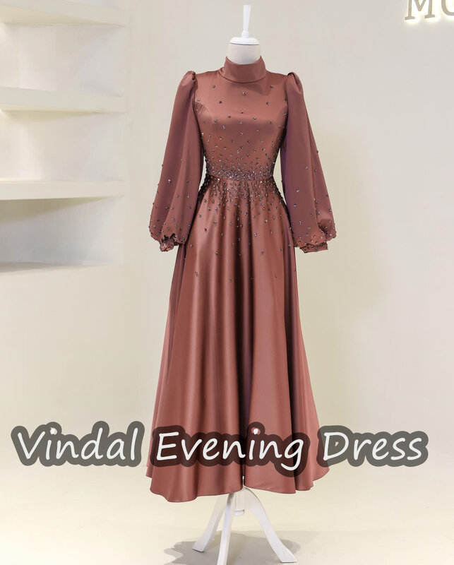 Vindal Ruffle Scoop Necklin Ankle panjang A-Line gaun malam elegan Built-in Bra Arab Saudi lengan panjang Satin untuk wanita