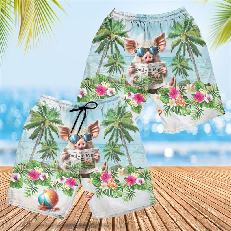 Шорты мужские с графическим принтом свиньи, короткие штаны в стиле хип-хоп, Забавный дизайн, пляжные шорты, Трусы в гавайском стиле с животными для мальчиков и женщин, топы