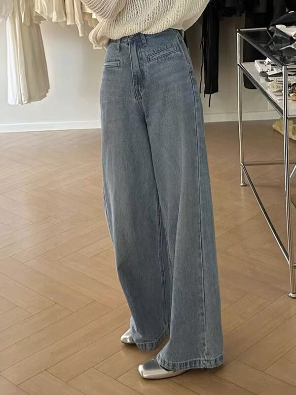 Jeans Vrouwen Hoge Taille Slanke Rechte Full Length Casual Koreaanse Streetwear Zakken Ontwerp Comfortabele Broek Losse Pasvorm