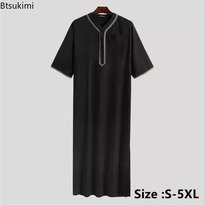 2024 Muslim pria Jubba Thobe padat tombol Kimono tengah jubah Muslim Saudi kemeja pria kerah berdiri Islam Arab Kaftan pria abaya