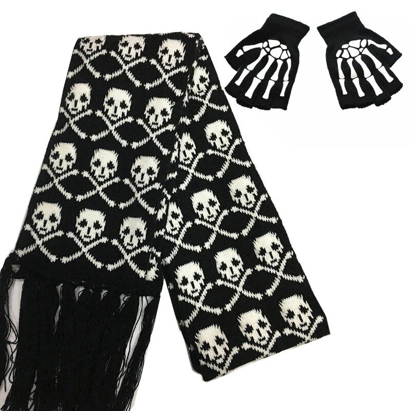 Fashion Skull Knitted Women Men Winter Scarf Skeleton Scarves Party Wraps with Black Fringe Luminous Skull Gloves