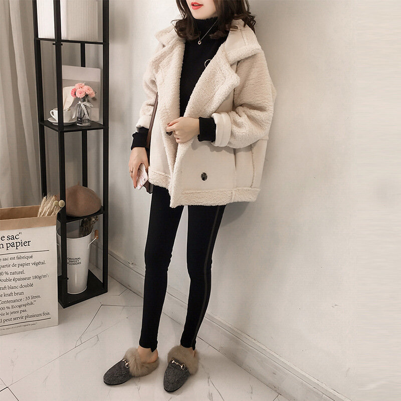 Chaqueta holgada de lana de cordero para mujer, chaqueta de moto de felpa integrada, estilo BF, versión coreana, tendencia superior, color sólido, 2023