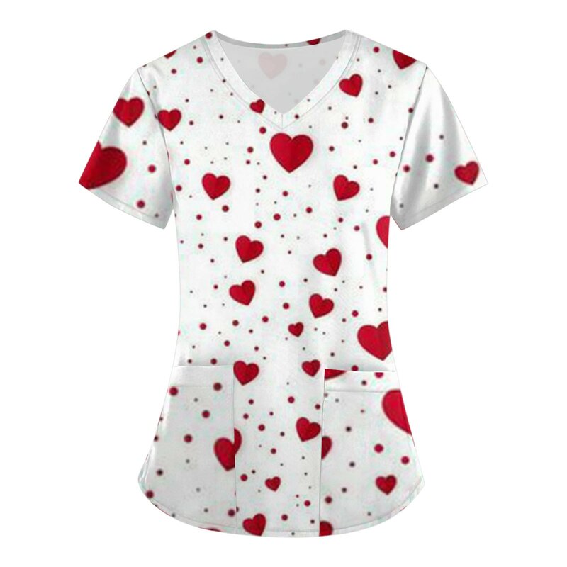女性のバレンタインデーの愛のハートプリントTシャツ、Vネック、ハートプリントトップ、4ピースの作業Tシャツ、ブラウス、半袖