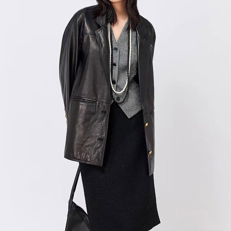Jaqueta preta vintage para mulheres, senso alto, terno de couro largo, blazer feminino, casaco casual, streetwear, novo, 2023