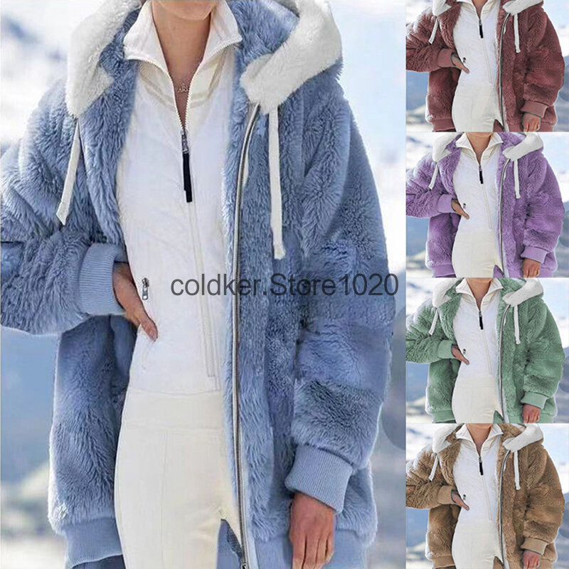 Chaqueta con capucha para mujer, abrigo de piel sintética con cremallera, manga larga, holgado, Parka cálida, ropa informal, invierno, 2023