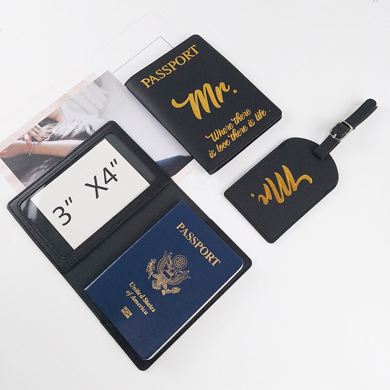 Spot-Sac de passeport en cuir PU pour cadeau de mariage, étiquette de bagage, or chaud, certificat Mr Miss, transfrontalier, nouveau